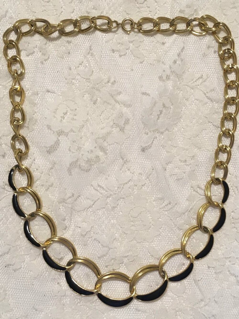 Vintage Monet Chain Necklace Gold Tone Black Enamel